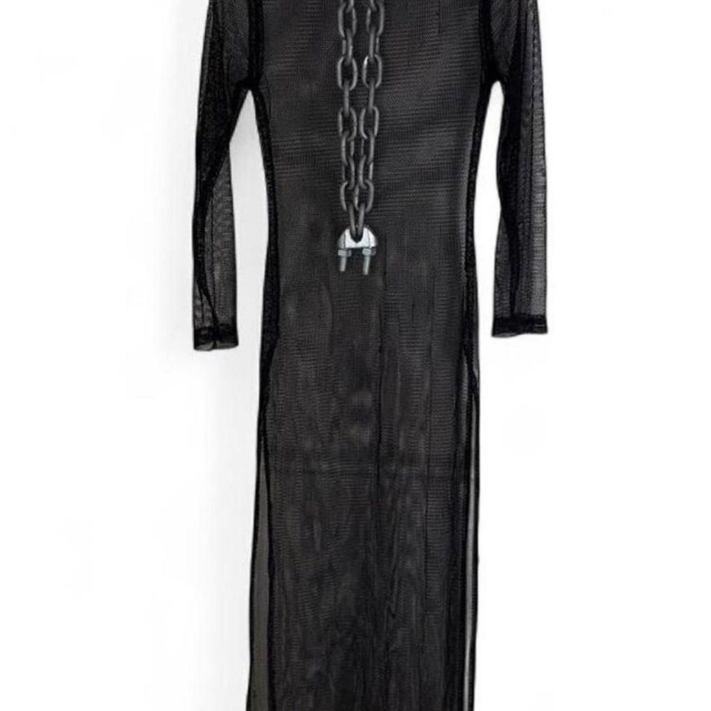 Vintage Kitty USA Edgy Black Mesh Knit Long Sleeve Split Dress